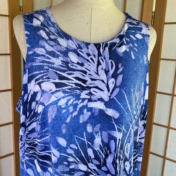 Clara Sun Woo Midi Stretch Knit Sleeveless Blue Print Swing Shift Dress SZ 1X - Picture 3 of 13